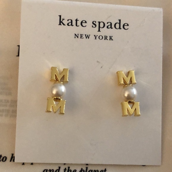 Kate Spade Gold Tone Love You, Mom Linear Stud Earrings Faux Pearl Accent NWT - Picture 3 of 12